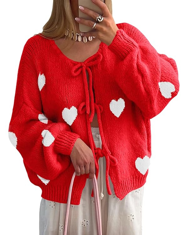 Saodimallsu Womens Tie Front Cardigan Sweaters Cute Bow Puff Long Sleeve 2025 Fall Loose Ribbed K... | Amazon (US)