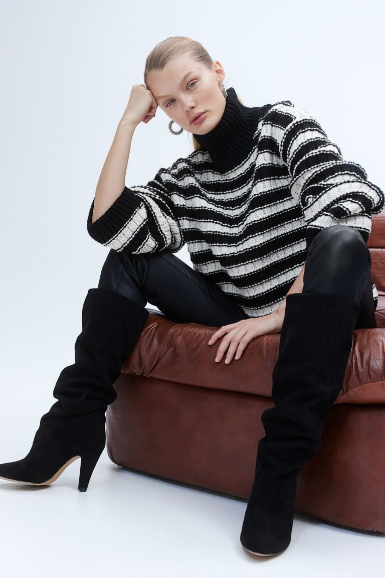 Oversized Mock-turtleneck Sweater - Black/striped - Ladies | H&M US | H&M (US)
