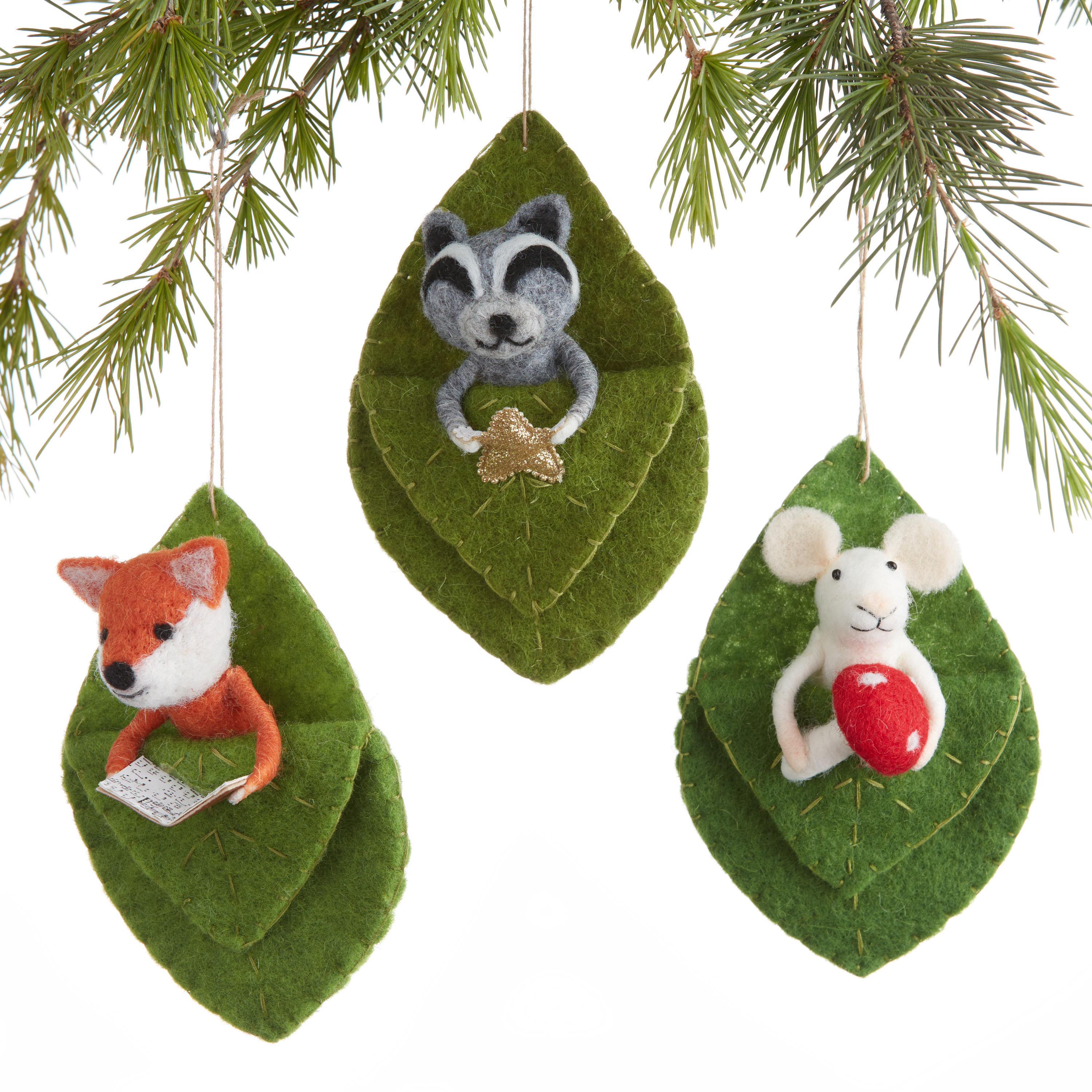 Wool Woodland Animals In Leaves Ornament Set Of 3 | World Market
