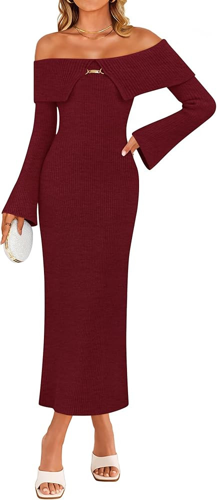 ZESICA Women's Fall Off Shoulder Sweater Dress 2025 Bell Long Sleeve Ribbed Knit Bodycon Formal M... | Amazon (US)