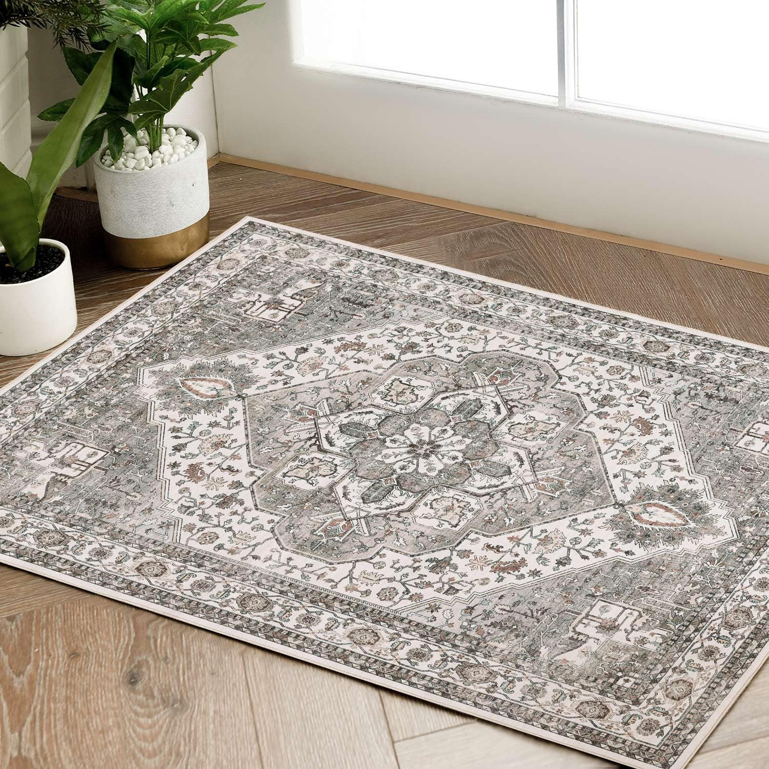 jinchan Area Rug 2x3 Entryway Rug Accent Indoor Vintage Floor Mat Grey Taupe Print Distressed Retro Carpet Soft Non Slip Washable Mat for Bathroom Kitchen Living Room Bedroom | Amazon (US)