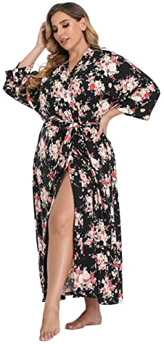 Women's Plus Size Cotton Kimono Robes Soft Long Knit Bathrobes Lightweight Sleepwear V-Neck Ladies Loungewear, 1X Black Rose | Amazon (US)