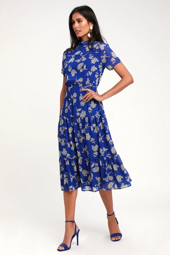 Floral Dressed Up Royal Blue Floral Print Midi Dress | Lulus (US)