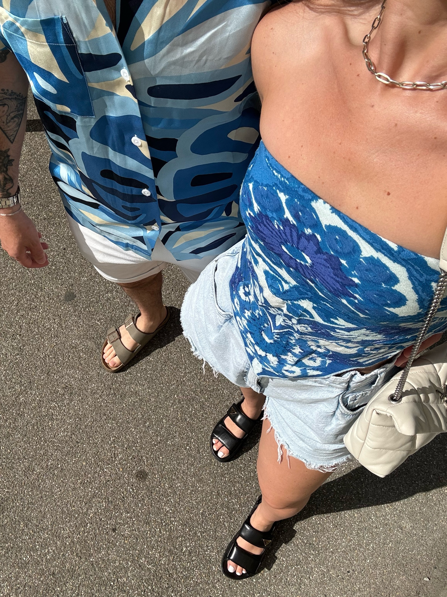 Holiday outfit, summer fashion, vacation, European summer, city break, free people bandana top, Levi denim shorts, prada dad sandals, casual outfit, street style, blue, black chunky sandal 