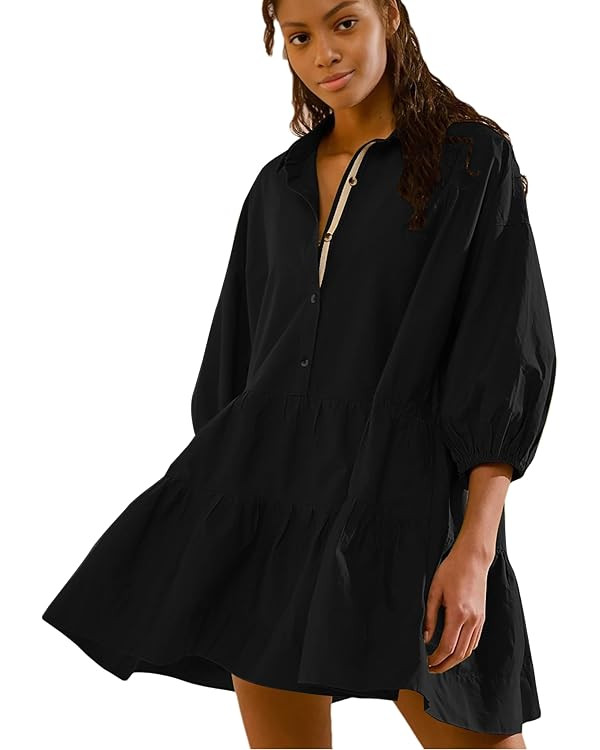 HangNiFang Women's Summer Babydoll Mini Dress Flowy Puff Sleeve Tiered Button Down Oversized Tuni... | Amazon (US)