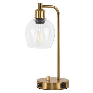 15 in. Industrial Gold Table Lamp with Glass Shade for Bedrooms Bedside Lamps with USB Port and O... | The Home Depot
