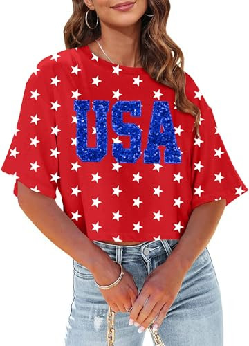USA Shirts for Women American Star Sequin Crop Shirt Patriotic T-Shirt 4th of July Cropped Tees T... | Amazon (US)