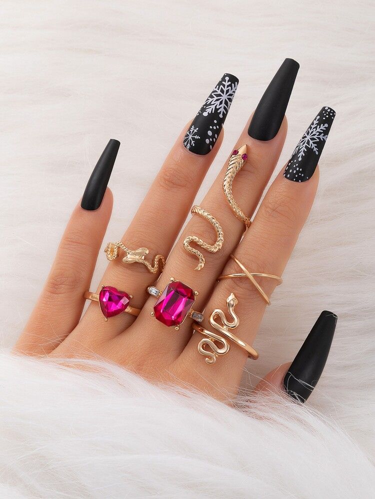 6pcs Rhinestone Heart & Snake Decor Ring | SHEIN