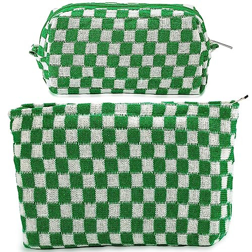 ZLFSRQ 2Pcs Checkered Makeup Bag for Women Large and Small Capacity Green Cosmetic Bag Set Travel Makeup Pouch for Purse Zipper Toiletry Organizer Cute Y2K Aesthetic Girls Makeup Brushes Storage Bag | Amazon (US)