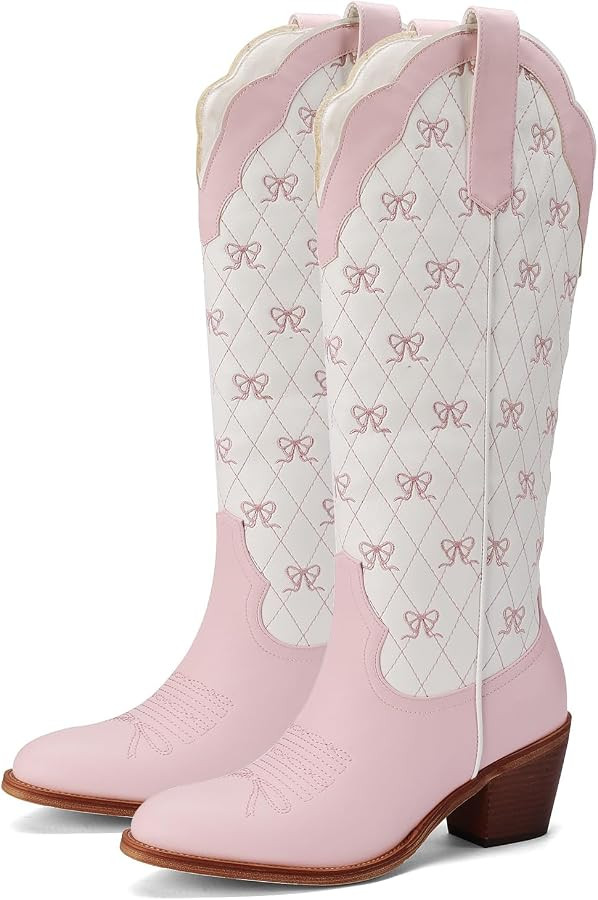 Lace Up Cowboy Boots for Women Embroidered Wide Calf Cowgirl Boots Comfortable Chunky Heel Pointe... | Amazon (US)