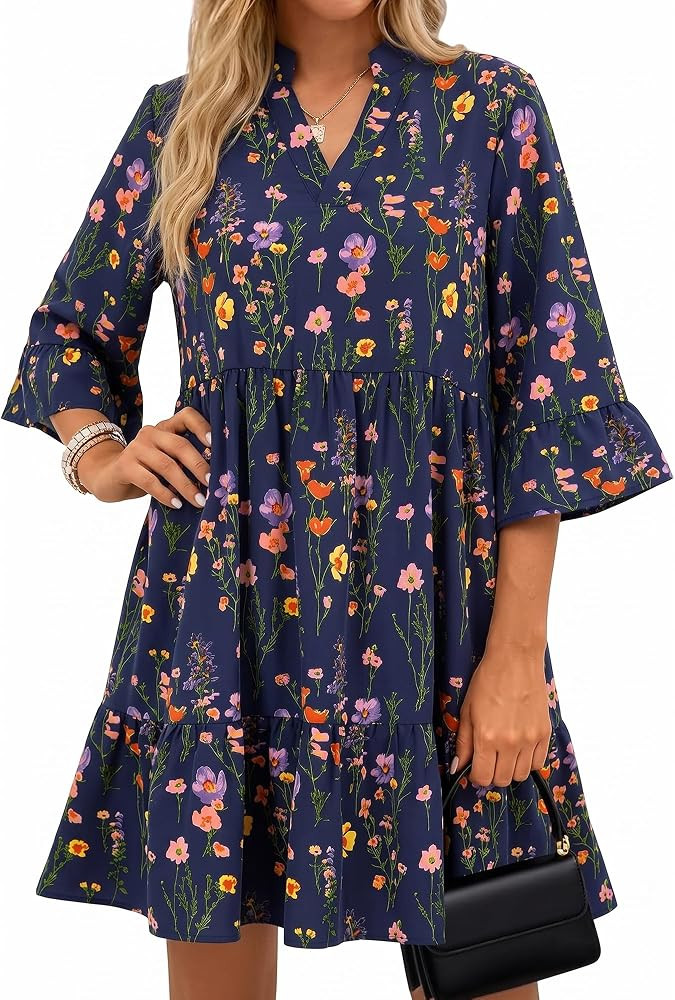 Bsubseach Casual Dresses Women Flowy 3/4 Sleeves V Neck Beach Mini Dress | Amazon (US)
