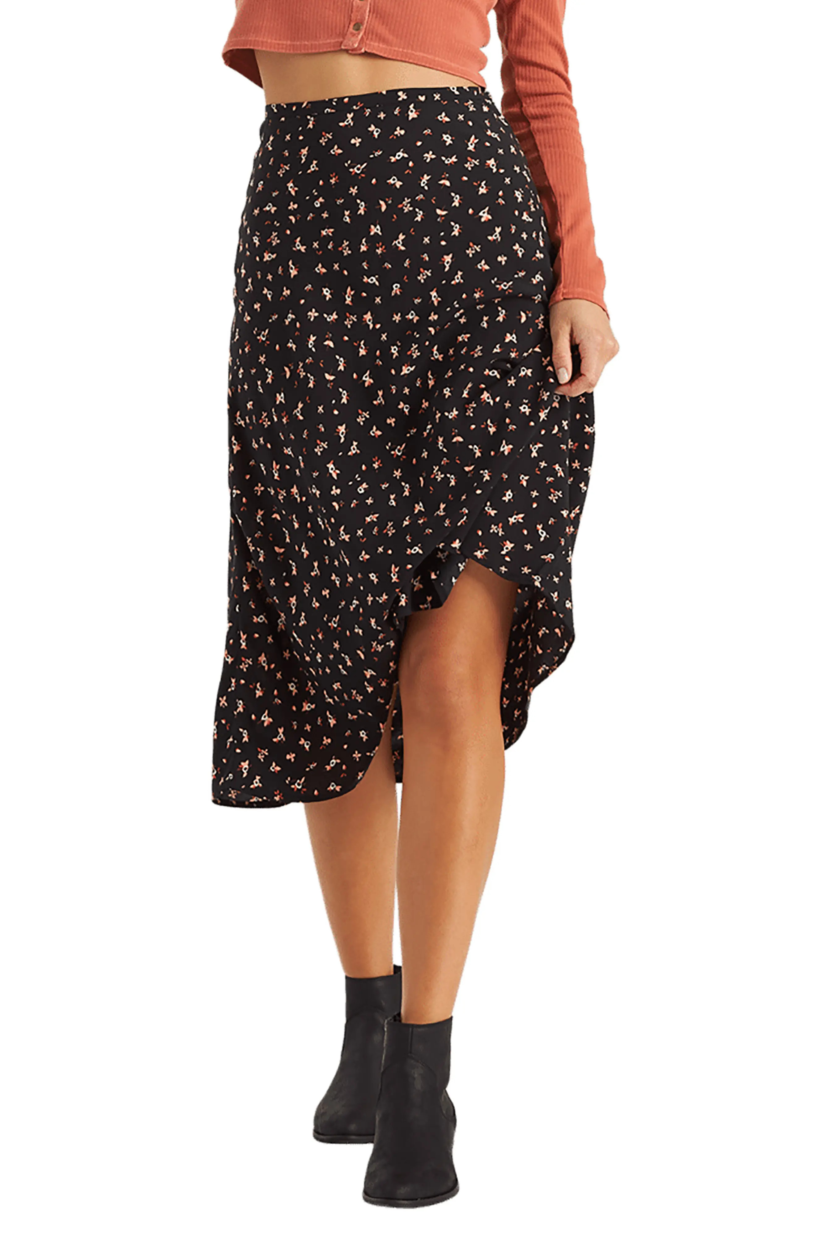 Women's Billabong Wild & Free Floral Midi Skirt, Size 26 - Black | Nordstrom