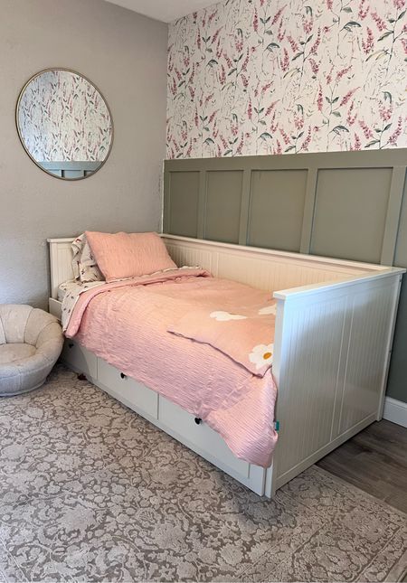 Toddler Girl Bedroom Refresh with target kids 
Board and batten and wallpaper 
Twin bed 
Kid bedsheets 
Sherpa kids chair
Round mirror 
Daisy bed throw 
Floral blanket
Mermaid sheets
Pink room 

#LTKBacktoSchool #LTKfamily #LTKkids