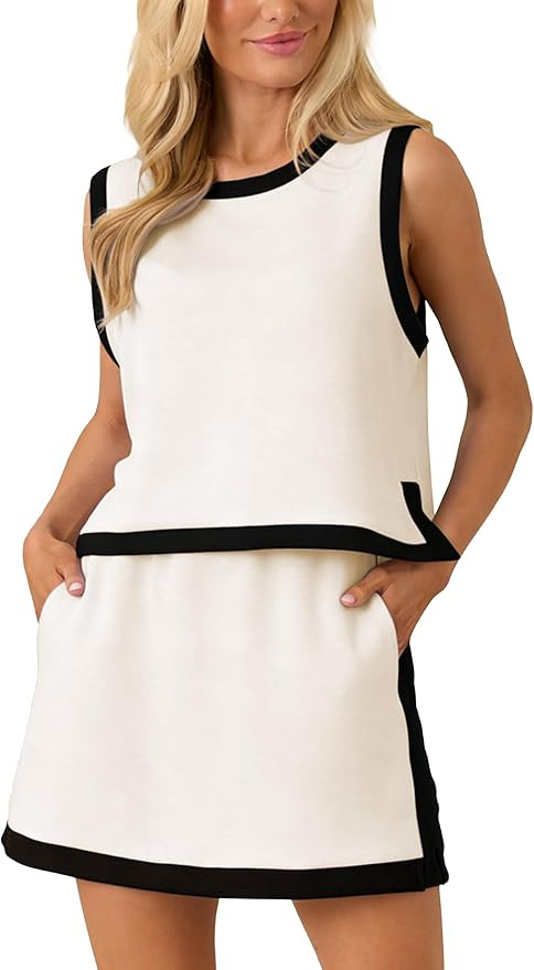 Womens 2 Piece Skirt Set Summer Color Block Sleeveless Crop Top Elastic Waist Skirt Lounge Set Ou... | Amazon (US)