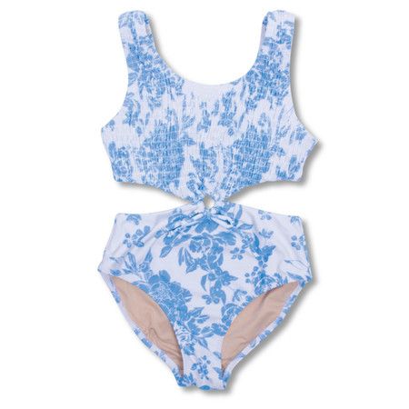 Blue Bouquet Smocked Cinched Girls Monokini Swimsuit 7-14 | Shade Critters