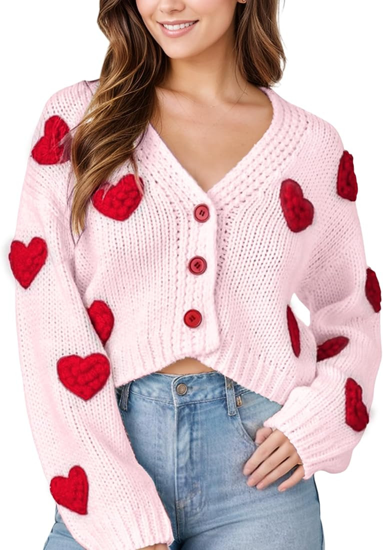Women Valentines Day Cropped Cardigan Sweaters Love Heart Printed Open Front Button Down Knit Swe... | Amazon (US)