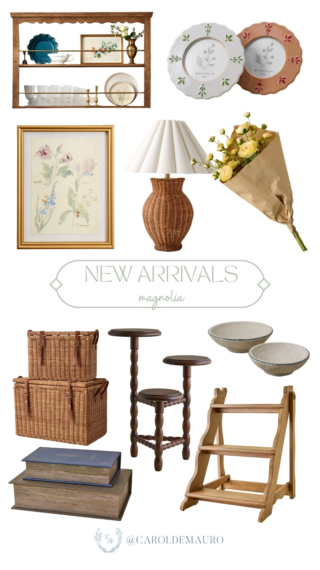 Getting serious cottage vibes from these new arrivals from Magnolia, with that gorgeous woven lamp and scalloped shelf as my top picks! The whole collection, from the floral art and paper-wrapped bouquet to the practical wicker trunks and tiered plant stand, are what you need

kitchen shelf, wall decor, rattan finds, wooden furniture, decorative books, living room inspo, home refresh, cottage core

#LTKHome #LTKSeasonal #LTKU