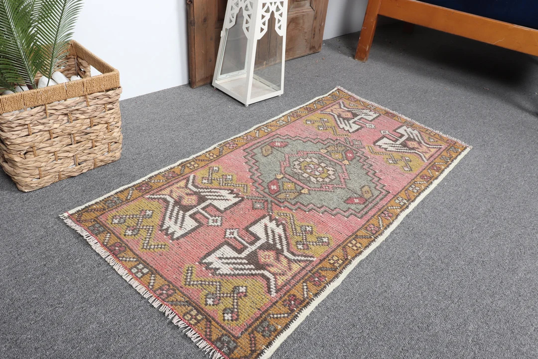 Vintage Rug, Turkish Rug, Small Rug, Anatolian Rugs, Rugs For Bathroom, 1.6x3.3 ft Pink Rug, Entr... | Etsy (US)