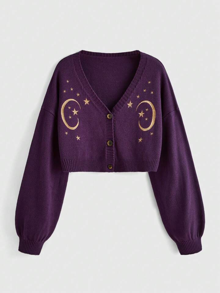 ROMWE Hippie Moon & Star Pattern Drop Shoulder Cardigan | SHEIN