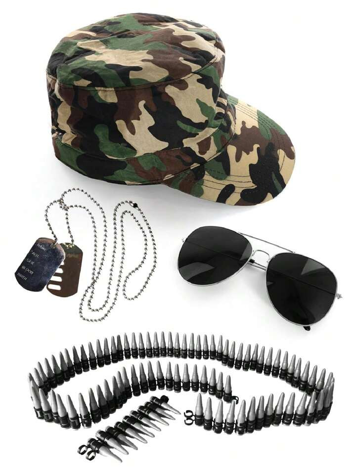I LOVE FANCY DRESS 4pcs Army Soldier Military Accessory Set Fancy Dress Costume Camouflage Unisex Camouflage Patterned Army Hat Fancy Dress Costume Military Cap Cadet For Men | SHEIN