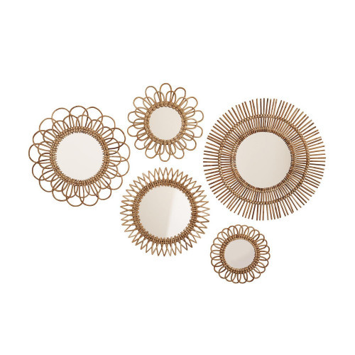 Two's Company Set of 5 Hand-Crafted Natural Rattan Wall Mirrors Rattan/Glass | Gracious Style