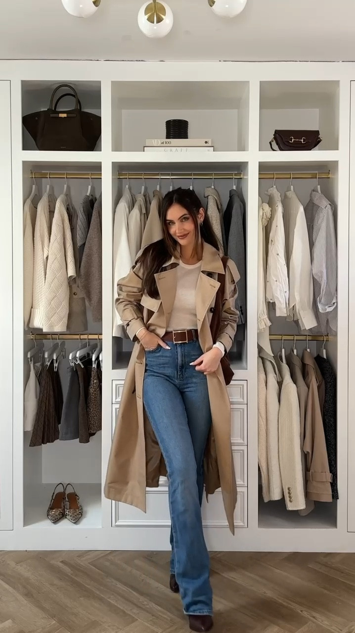 GRWM for a casual autumn day out 🍂 perfect city trip, park walk, coffee date neutral look, trench coat and blue wide jeans with brown accessories 

#LTKautumn #FashionMonth #LTKstyletip