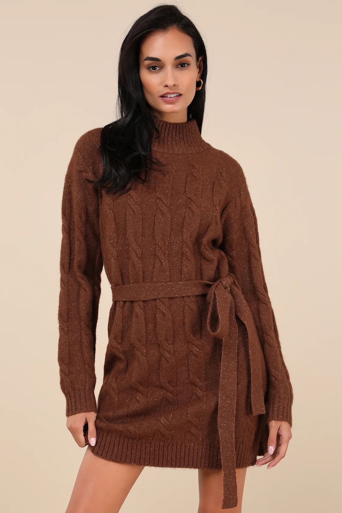 Warmed Up To You Brown Cable Knit Mock Neck Sweater Dress | Lulus