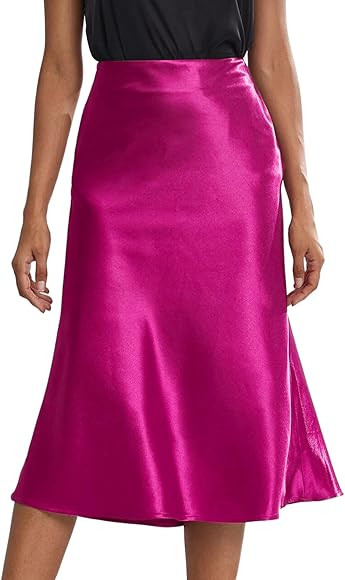 Rooscier Women's Silky Satin High Waist A Line Flared Zipper Elegant Midi Skirt | Amazon (US)