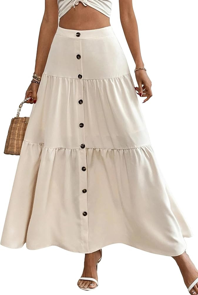 Vrtige Women's Casual Elastic High Waist Button Tiered Ruffle Hem Long Maxi Skirt | Amazon (US)