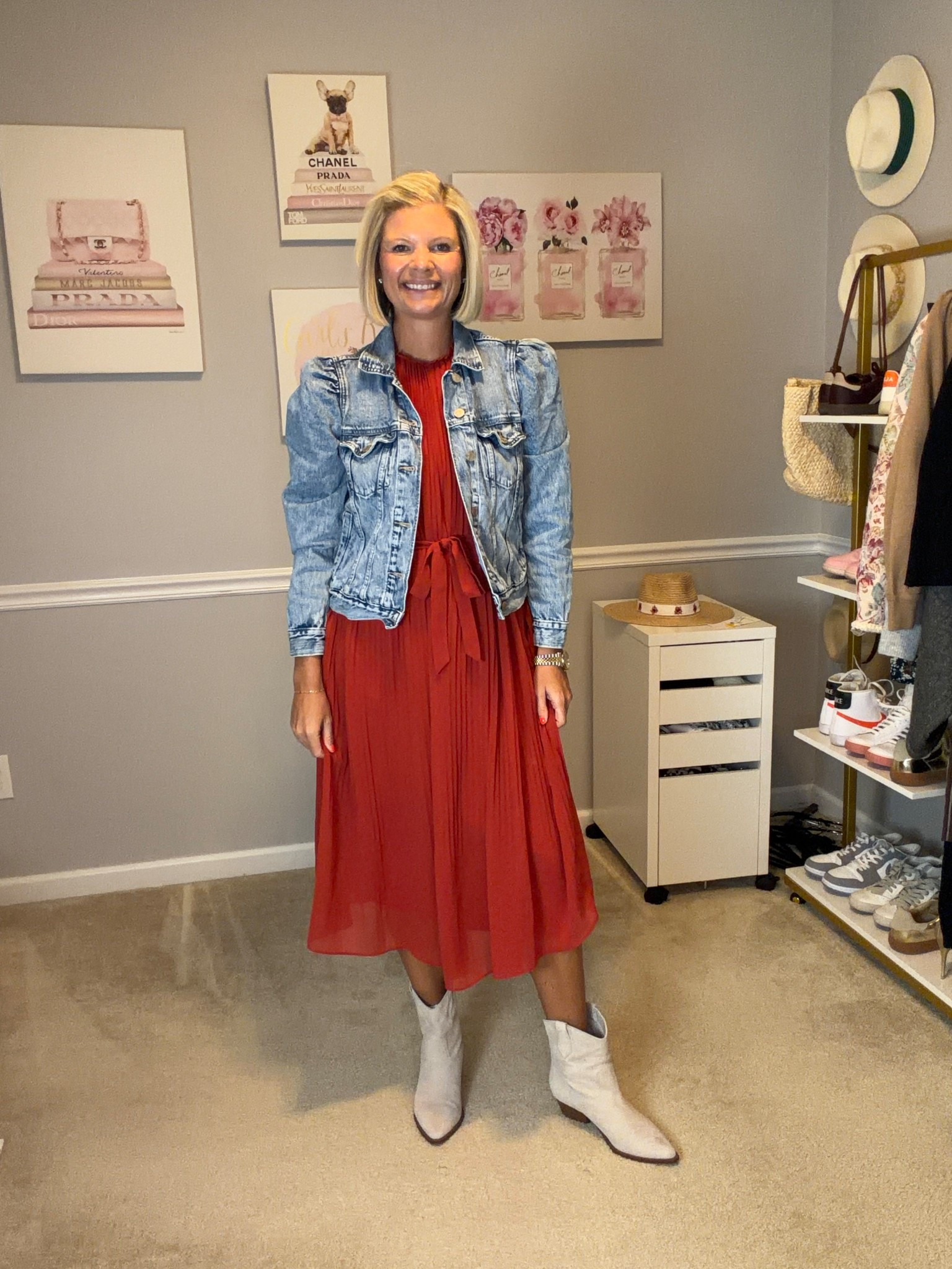Denim jacket with puff sleeves TTS
Midis dress Target
Light suede cowboy style boots TTS 

#LTKOver40 #LTKMidsize #LTKWorkwear