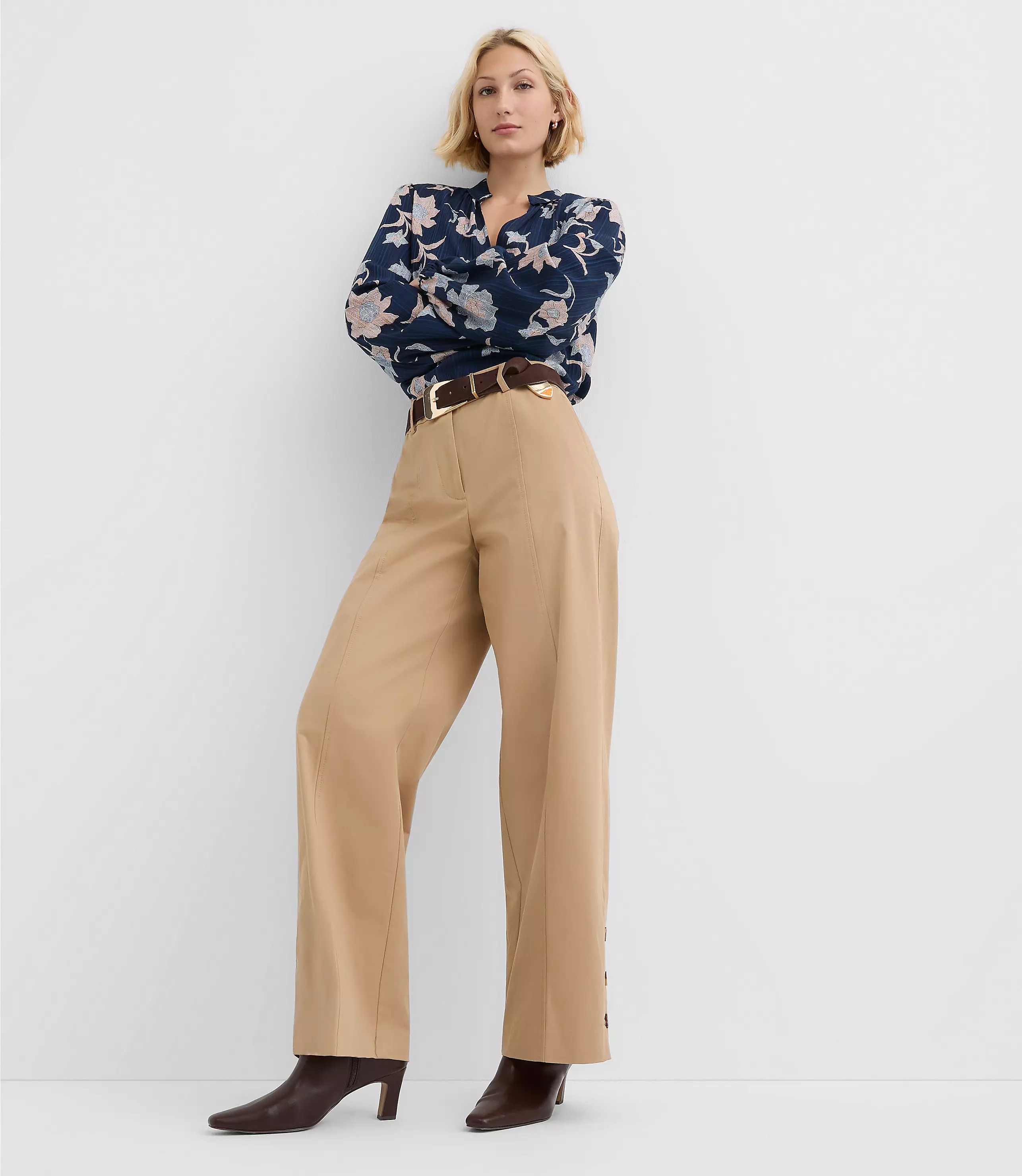 Side Button Wide Leg Pants in Twill | LOFT