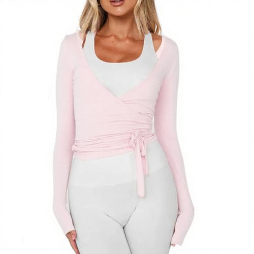 Women Wrap Top Long Sleeve Deep V Neck Cross Tie Workout Ballet Pilates Yoga Shirt | Amazon (US)