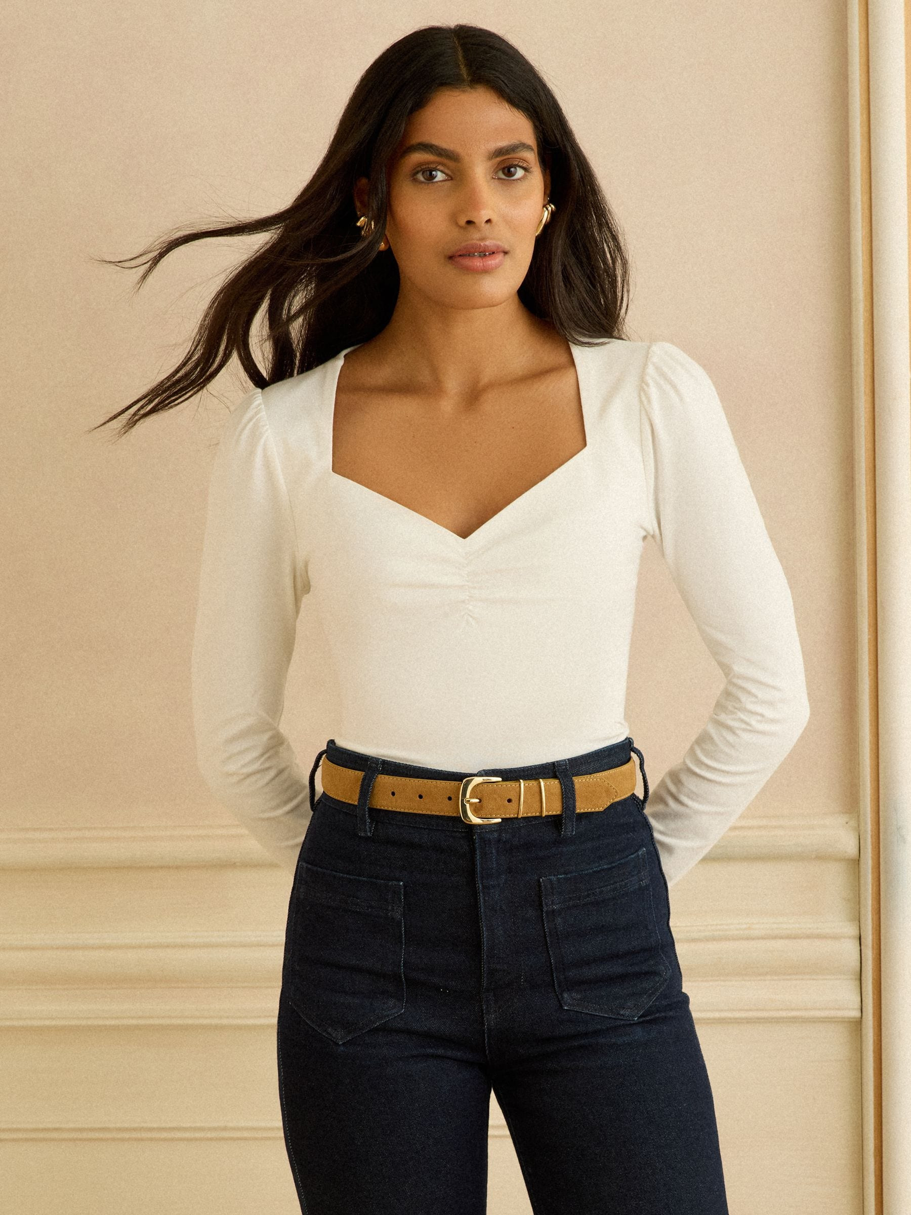 Love & Roses Love & Roses Ivory Petite Sweetheart Neck Long Sleeve Top | Next US