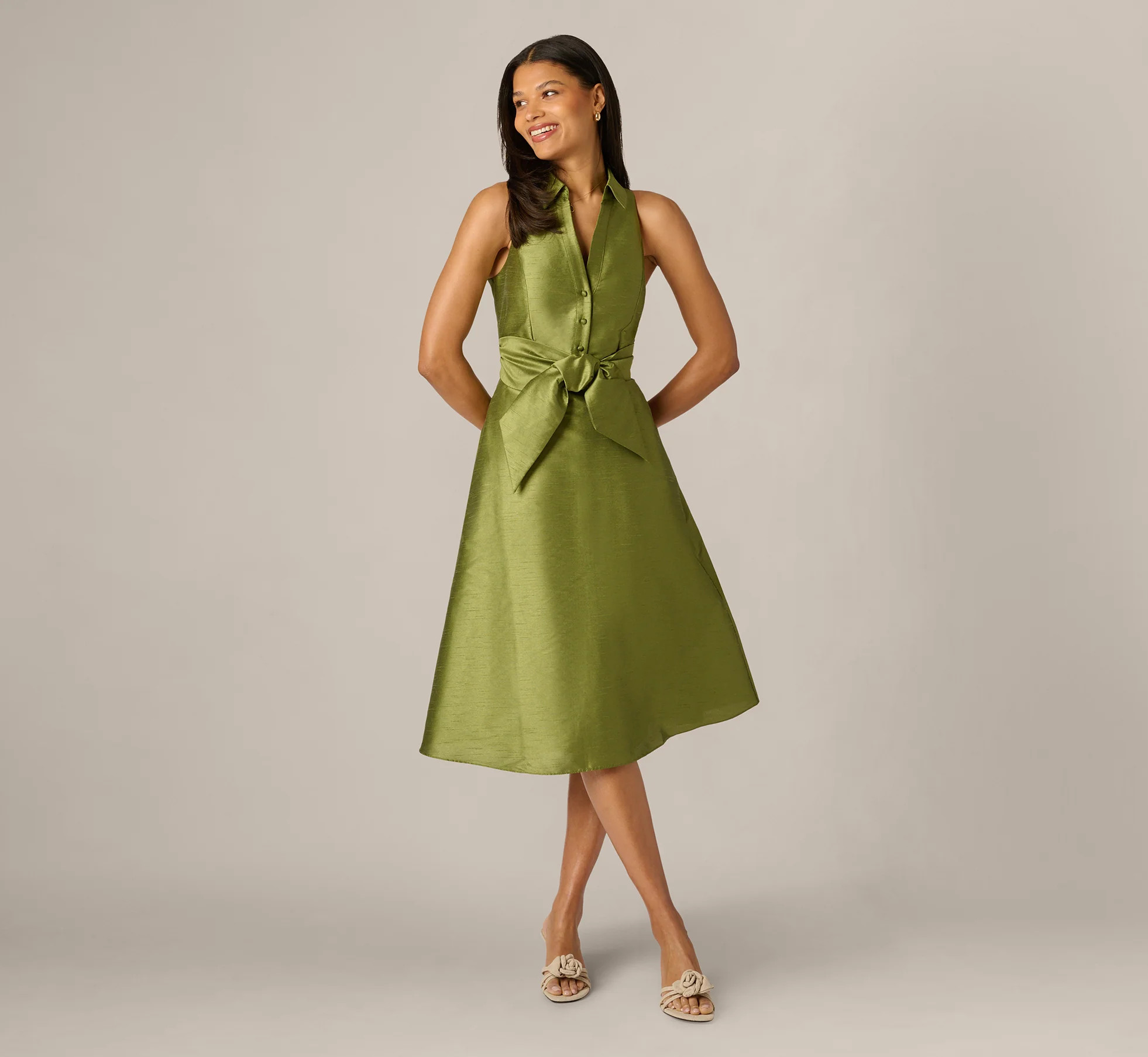 Dupioni Collared Tie Front A Line Midi Dress In Olive | Adrianna Papell