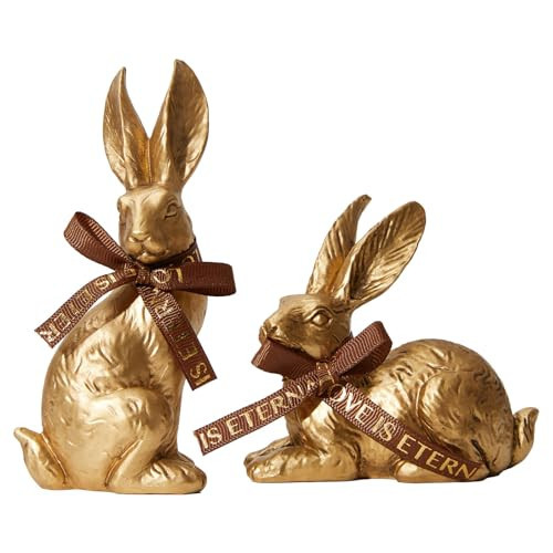 DN DECONATION Easter Decorations Bunny Figurines Set of 2 - Rabbit Statues Fur Textured Farmhouse Spring Home Decor, Gold & Brown Resin Easter Tabletop Vintage Decor for Shelf, Mantel, Coffee Table | Amazon (US)