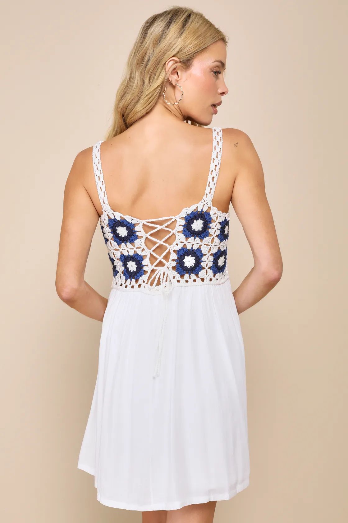 Sunny Essence White and Blue Crochet Lace-Up Mini Dress | Lulus