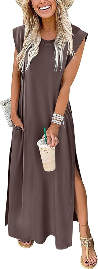 ANRABESS Womens Maxi Dresses 2025 Summer Casual Cap Sleeve Crew Neck Loose Split Beach Travel Lon... | Amazon (US)