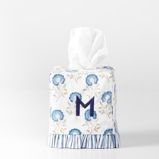 Block Print Tissue Box Cover, White-Blue Flower | Mark and Graham