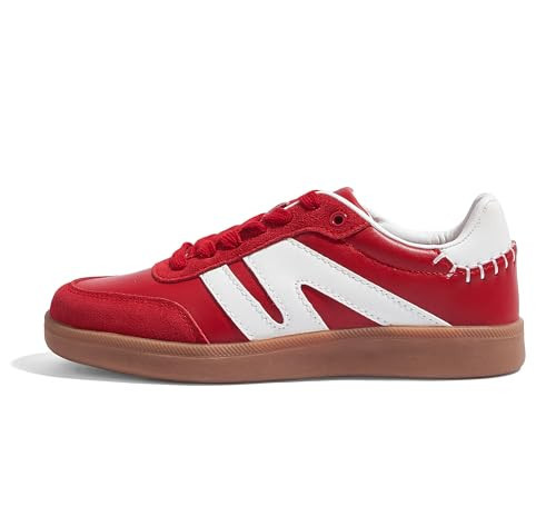 LUCKY STEP Women Classic Retro Gum Sole Fashion Sneakers Casual Tennis Skate Shoe Genuine Leather Walking Footwear Anti Slip Trainers(Red,6) | Amazon (US)