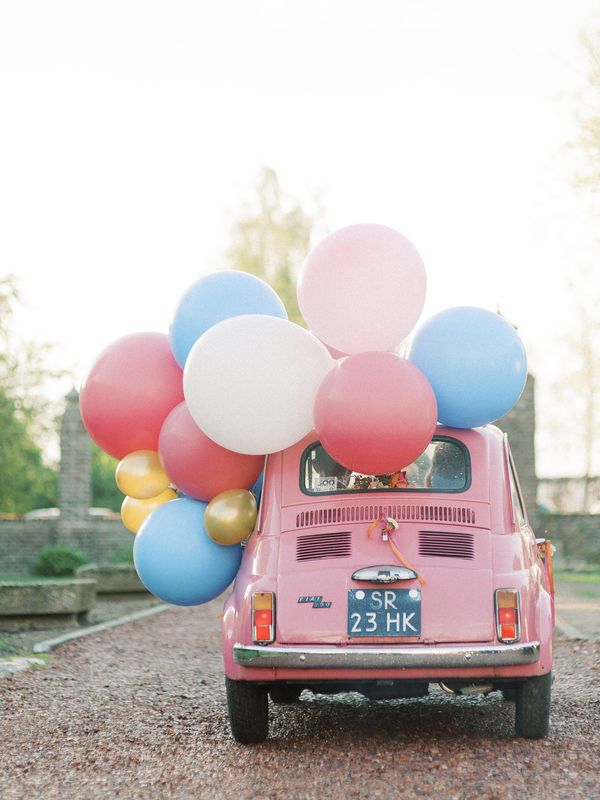 Pink Classic Car With Balloons | Celebration & Birthday Colorful Photo Print | Artfully Walls