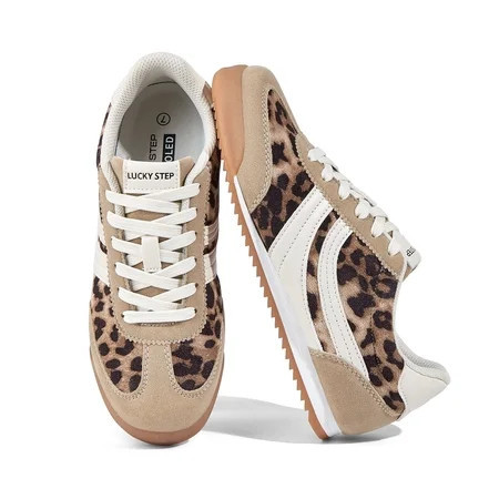 LUCKY STEP Retro Sneakers Thin Sole Lace up Lightweight Casual Shoes,Leopard,Womens | Walmart (US)