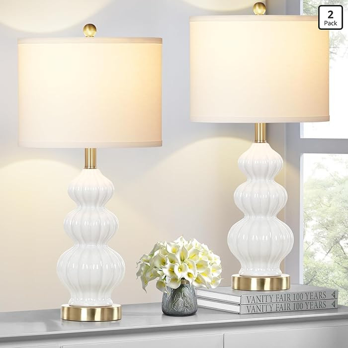 Triple Gourd Ceramic Table Lamps Set of 2, Modern White Bedside Lamps with Rotary Switch， Conte... | Amazon (US)