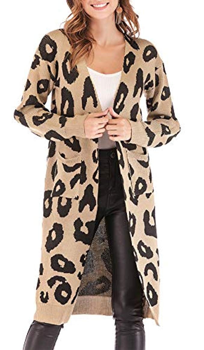 BTFBM Women Long Sleeve Open Front Leopard Knit Long Cardigan Casual Print Knitted Maxi Sweater Coat | Amazon (US)