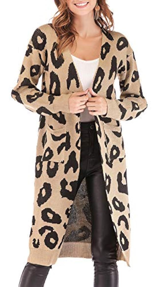 BTFBM Women Long Sleeve Open Front Leopard Knit Long Cardigan Casual Print Knitted Maxi Sweater Coat | Amazon (US)