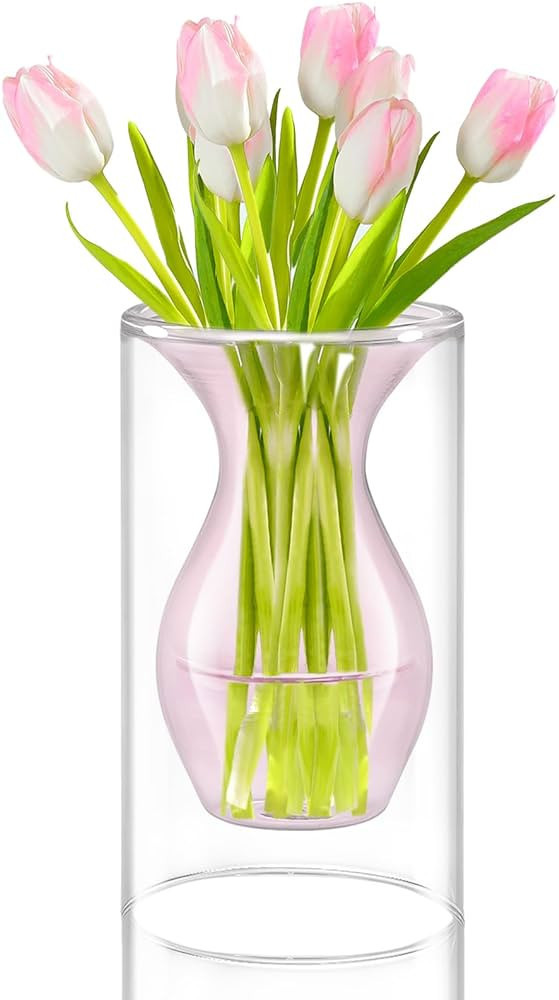 ZENS Pink Glass Flower Vase, Modern Hand Blown Hollowed Out Clear Glass Vases for Home Decorative... | Amazon (US)