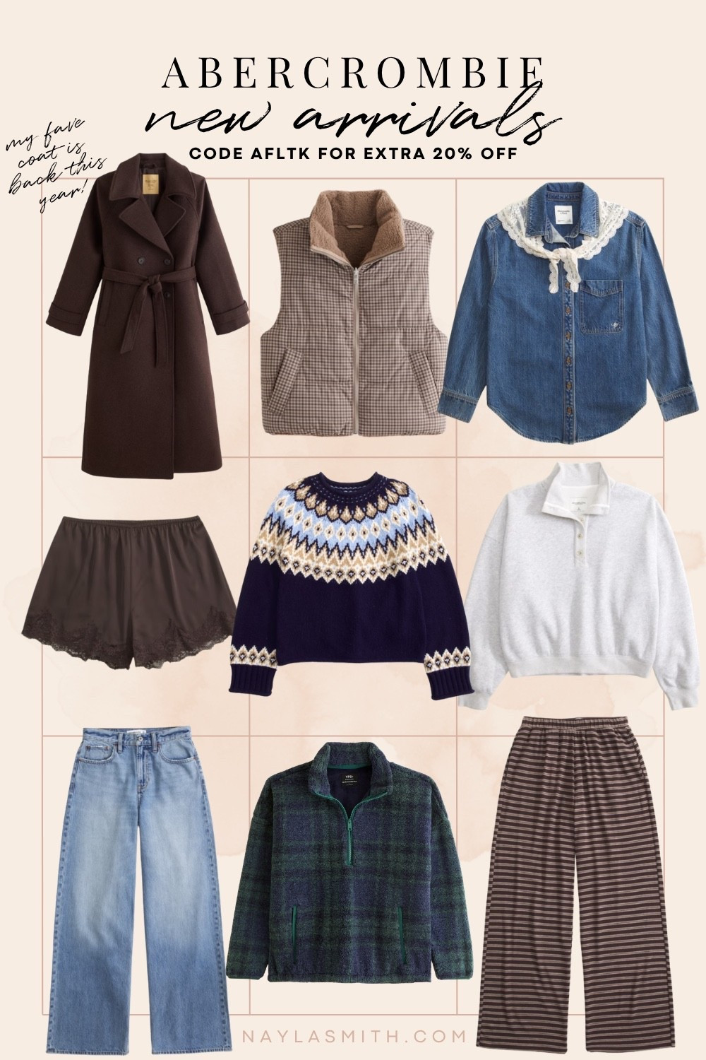 Abercrombie new arrivals! They also brought back my fave chocolate brown wool coat, I wear L. Denim shirt, lace shorts, fair isle sweater, striped pants, plaid fleece, wide leg jeans