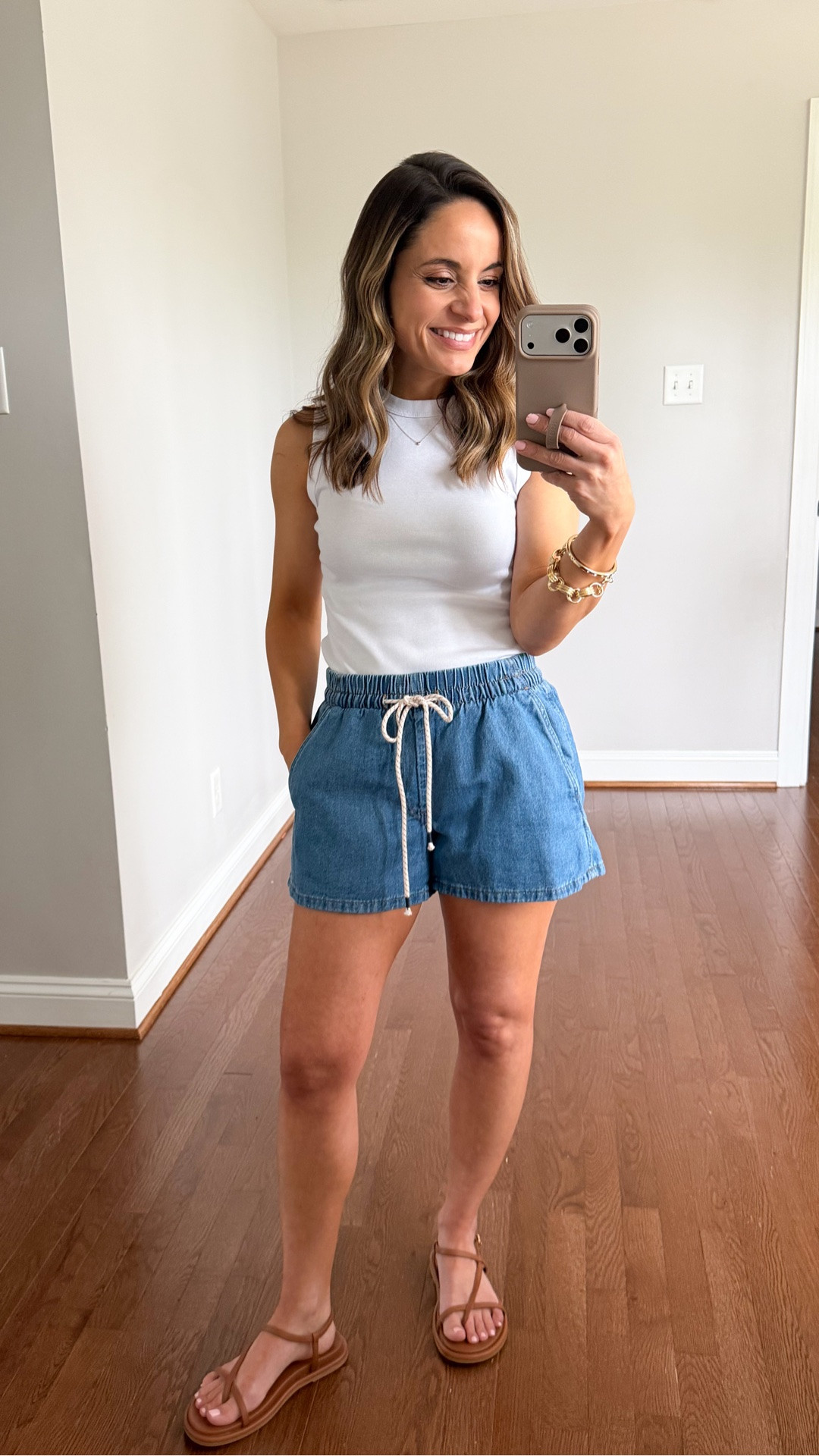 Comfy pull-on $20 shorts! 

Shorts: xs 
Tank top: xxs 
Sandals: true to size