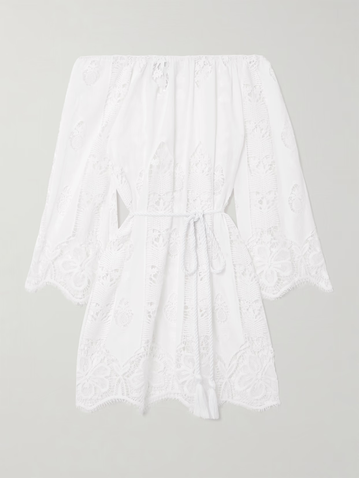 Miguelina - Brigette Off-the Shoulder Belted Lace-trimmed Embroidered Cotton-voile Mini Dress - White | NET-A-PORTER (US)