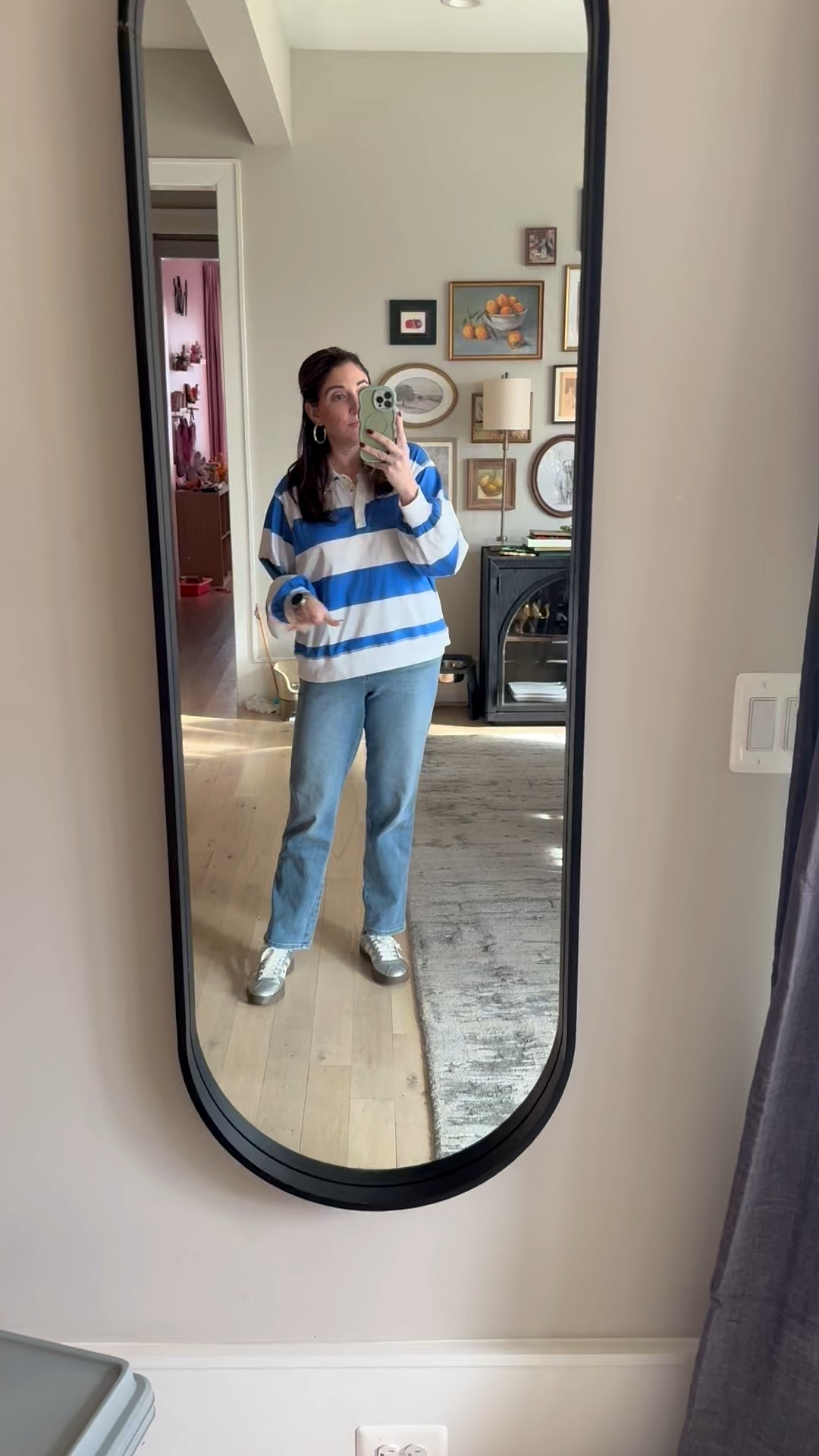 Today’s OOTD! It was a warmish winter day so a lightweight top was fine! Love the rugby trend happening right now. This one is from tj maxx but I will link similar. Jeans are Target and the perfect amount of stretch in them! Finished my outfit sandwich off with silver sneakers coordinating with silver hoop earrings! 
Top L / Jeans 12 / Sneakers tts 

#LTKMidsize #LTKootd