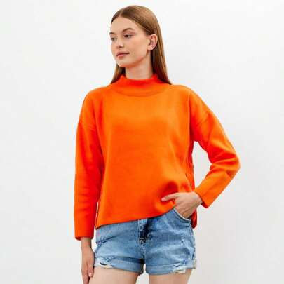 Women's Mock Neck Orange Sweater Knit Sweater Orange Color Fall Colors Sweater Mock Neck Orange Sweater | SHEIN